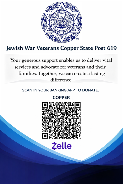 Jewish War Veterans Post 619 donation flyer with integrated Zelle QR code